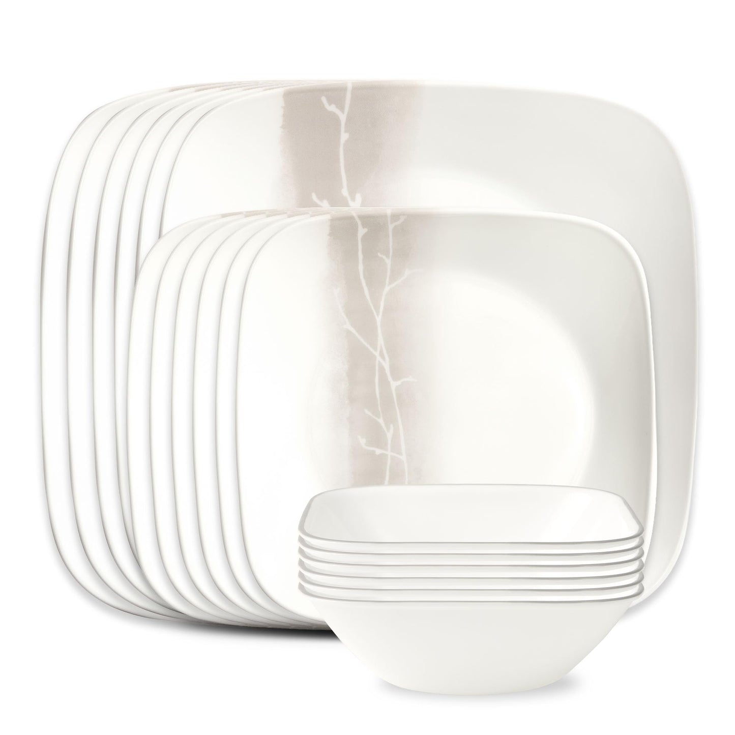 Corelle Vitrelle 18 Piece Glass Dinnerware Sets Rectangular Square Plate and Bowl Set Service for 6, Triple Layer Chip & Crack Resistant Glass Plate and Bowl Sets, Wandering Grove