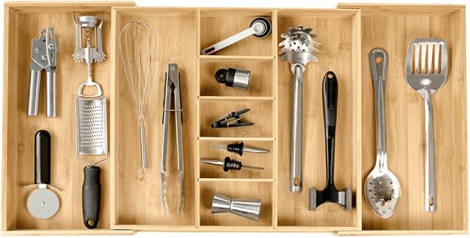 KitchenEdge Utensil & Junk Drawer Organizer, 19-33 in, White Bamboo