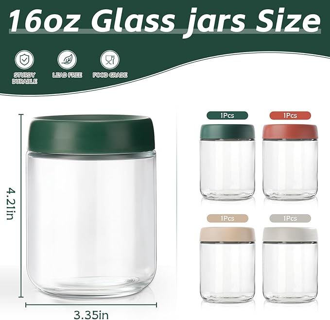 DIMBRAH Overnight Oats Containers with Lids,16oz Glass Jars with Lids - Set Of 4, Practical Oatmeal Container to Go, Chia Seed Pudding Jars, Baby Food Containers