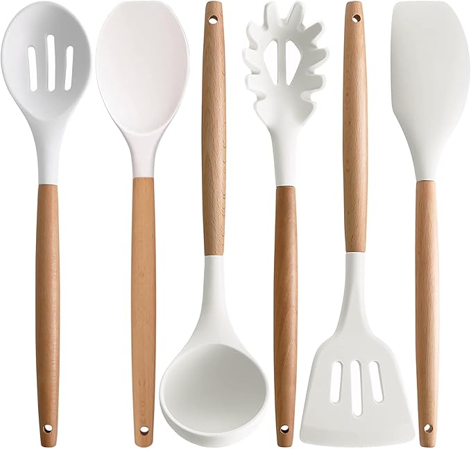 IOCBYHZ Silicone Cooking Utensils Set 5Pcs Non-Stick Silicone Kitchen Utensils for Cooking, Heat Resistant Kitchen Gadgets Spatula Spoon Turner Set with Wooden Handles for Non-Stick Cookware BPA Free