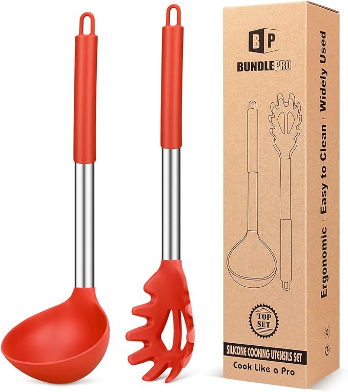 BUNDLEPRO Silicone Pasta Fork and Soup Ladle Spoon Set, 2 Pack, Pink