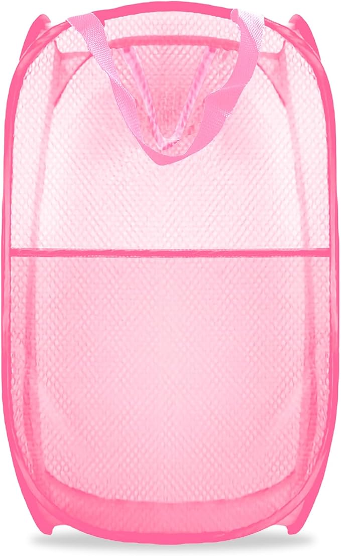 Collapsible Pop Up Laundry Hamper, Extra Large Mesh Foldable Laundry Basket, 28" x 16" x 16"(Pink)