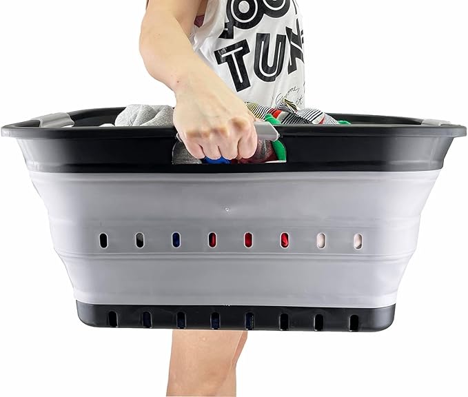 SAMMART 42L (11 gallon) Collapsible Plastic Laundry Basket - Foldable Pop Up Storage Container/Organizer - Space Saving Hamper/Basket (Black/Alloy Grey)