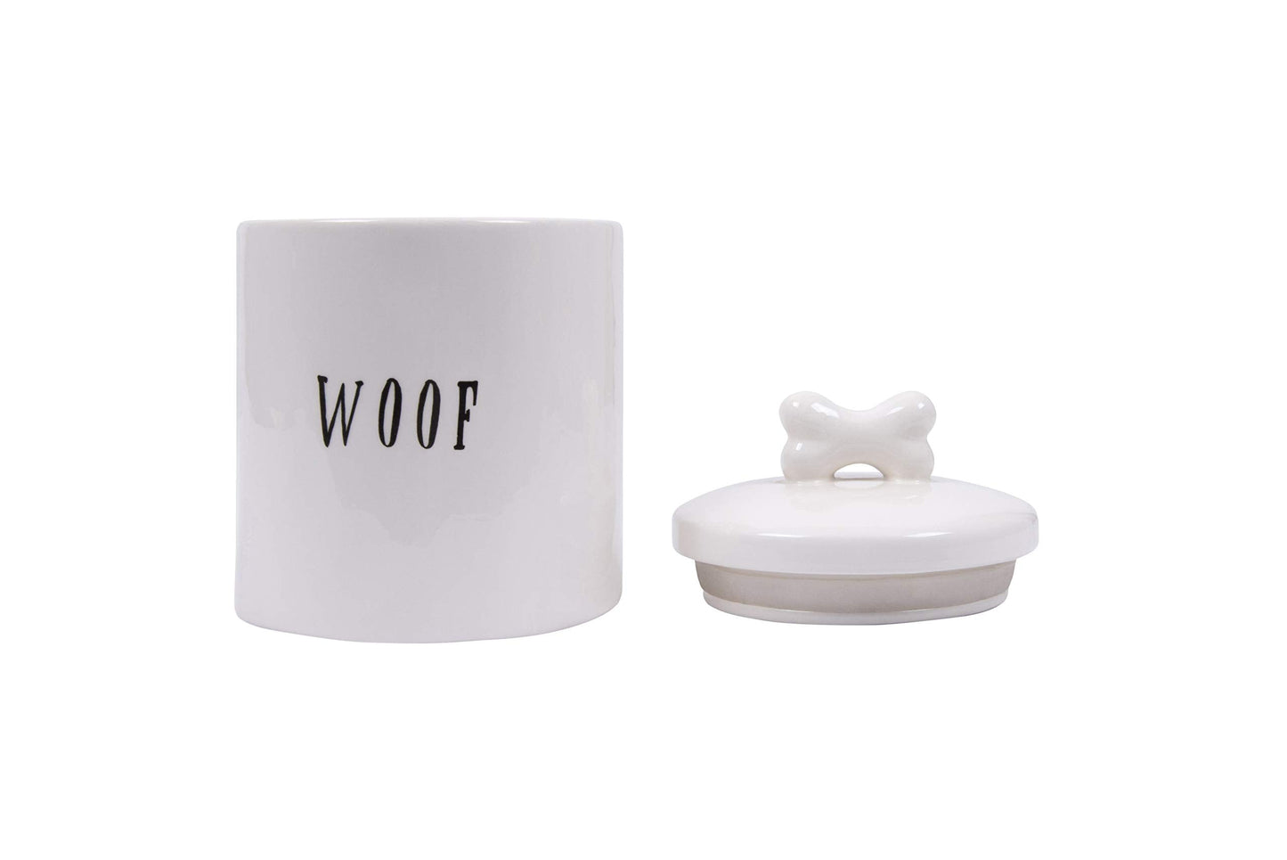 Creative Co-Op Ceramic Dog Treat Jar with Woof Message and Bone Handle Lid, White and Black
