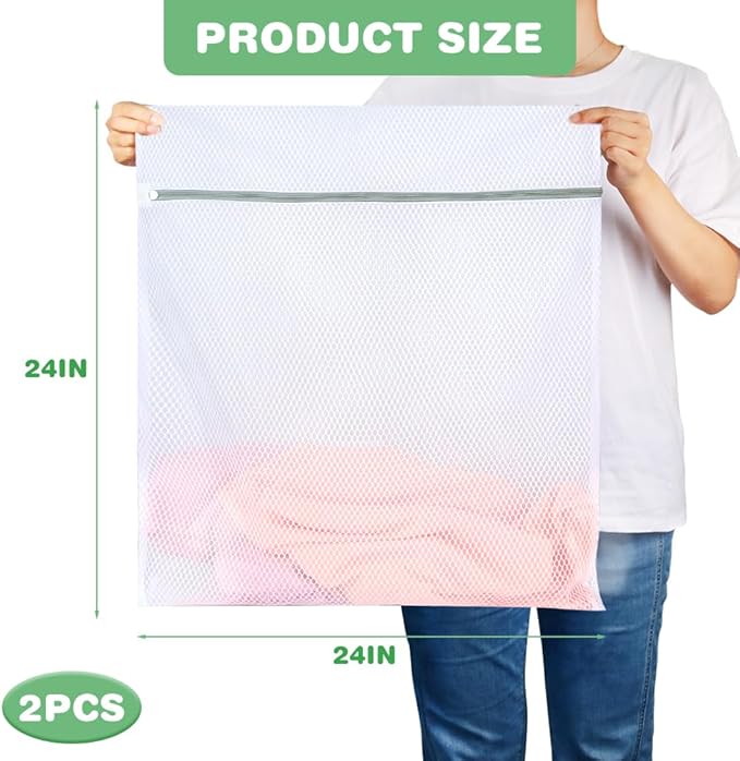 Tenn Well Durable Honeycomb Mesh Laundry Bags, 2 XX-Large 24in x 24in Washing Delicate Bags with Colorful Zipper for Huge Clothes, Curtain, Coverlet, Carpet
