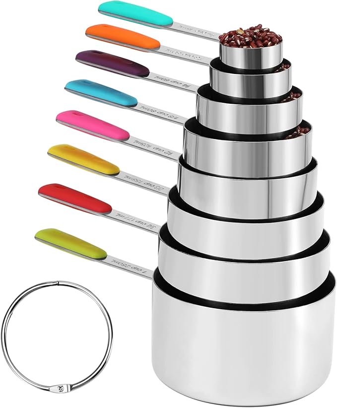 Bopei Measuring Cups and Spoons Set Stainless Steel 10 Piece for Cooking and Baking (5 Cups + 5 Spoons, Colorful Handles)