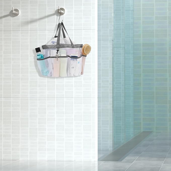 F-color Mesh Shower Caddy Portable with Drawstring - Large 8 Pockets Dorm Room Essentials for Guys Girls with S Hook, Shower Bag Basket Tote for College Camping Gym Travel Toiletry Bathroom, White