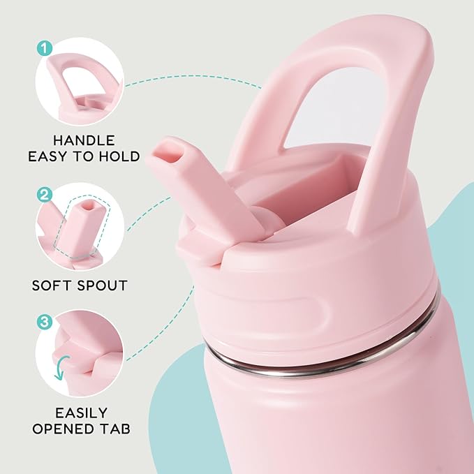 12oz Kids Water Bottle for School, Toddler Bottles with Straws, Stainless Steel Vacuum Insulated Water Bottle for Boys&Girls, Leak-Proof, BPA-Free, Bubble Gum