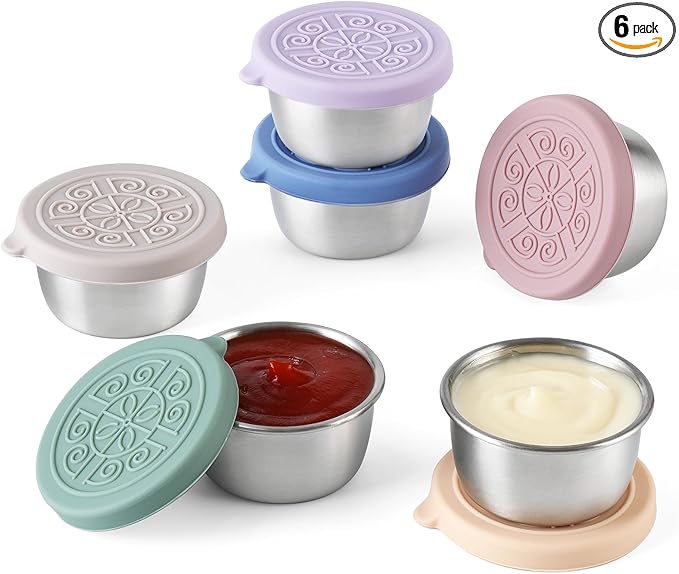 VITEVER [6 Pack] Salad Dressing Container To Go, 1.6 oz Small Condiment Containers with Lids, Reusable Stainless Steel Sauce Cups , Leakproof Silicone Lids for Lunch Bento Box, Picnic and Travel