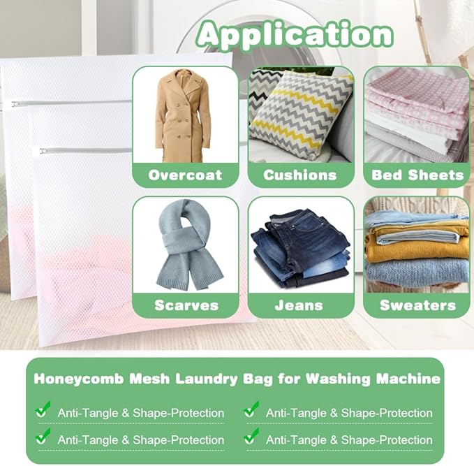Tenn Well Durable Honeycomb Mesh Laundry Bags, 2 XX-Large 24in x 24in Washing Delicate Bags with Colorful Zipper for Huge Clothes, Curtain, Coverlet, Carpet