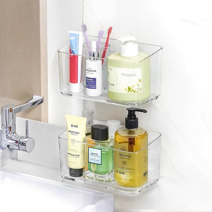 2 Pack Clear Shower Shelf, Adhesive Bathroom Shower Shelves, Wall Mounted Bathroom Shower Organizer, No Drill Shower Shelves with Self Adhesive Tape, Transparent