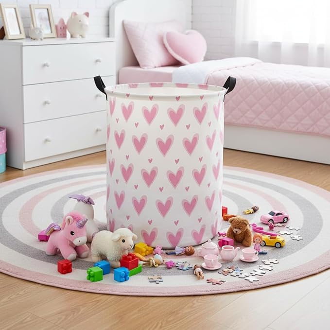 HIYAGON Baby Laundry Basket Baby Hamper for Nursery Girl Kids Butterfly Hamper Cute Kids Toys Storage Bin Organizer Butterfly Room Decor for Home(Pink Hearts)