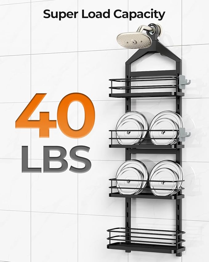 ODesign 4 Tier Height-Adjustable Shower Caddy Hanging Anti-Swing-Over The Shower Head Caddy-Sho wer Storage Organizer Bathroom Shelves Basket Caddies-Black