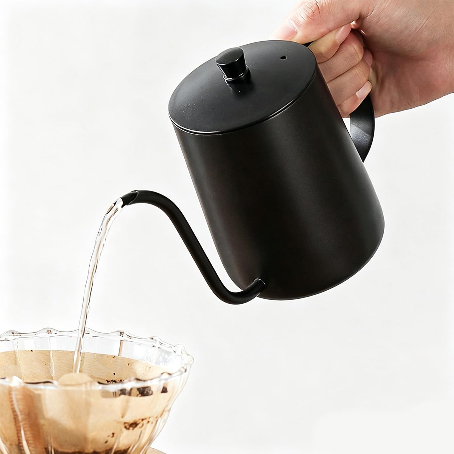 Pour Over Kettle, 12oz Stainless Steel Gooseneck Spout Pour Over Coffee Kettle, Long Narrow Drip Spout Coffee Tea Pots for Precision Pouring, Home Brewing, Camping (12oz, Black with Lid)