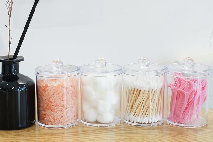 4 Pack Acrylic Qtip Holder Dispenser,Canisters Apothecary Jar Set, Vanity Makeup Storage Organizer Set,10 oz