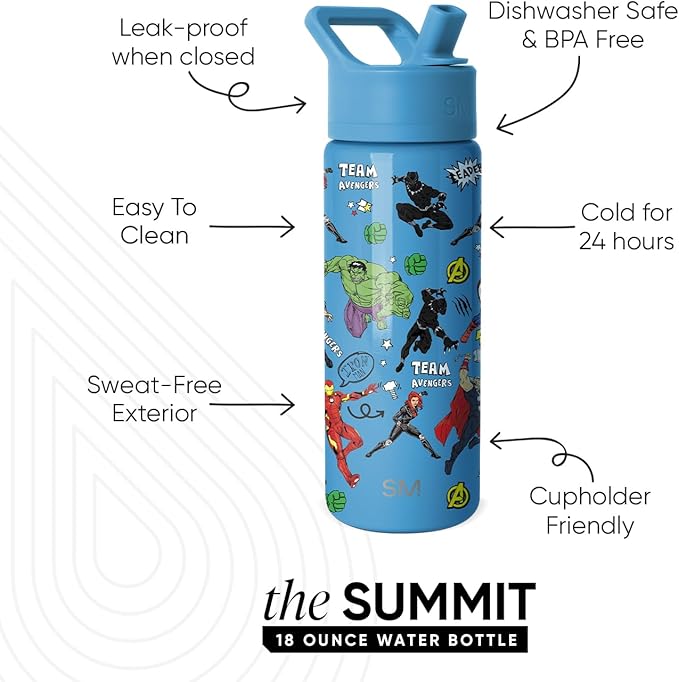 Simple Modern Kids Summit Water Bottle with Straw Lid | Marvel Avengers 18oz Stainless Steel Cup Insulated Tumbler for Boys, School | Avengers Heroes