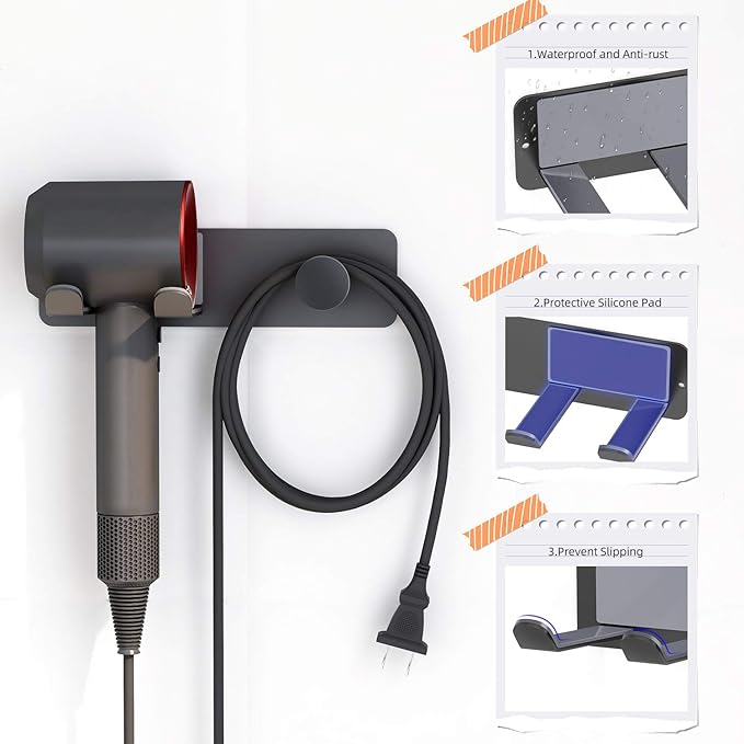 Hair Dryer Holder Wall Mounted, Stainless Steel Self Adhesive Blow Dryer Holder Rack for Dyson Supersonic Hair Dryer,Black