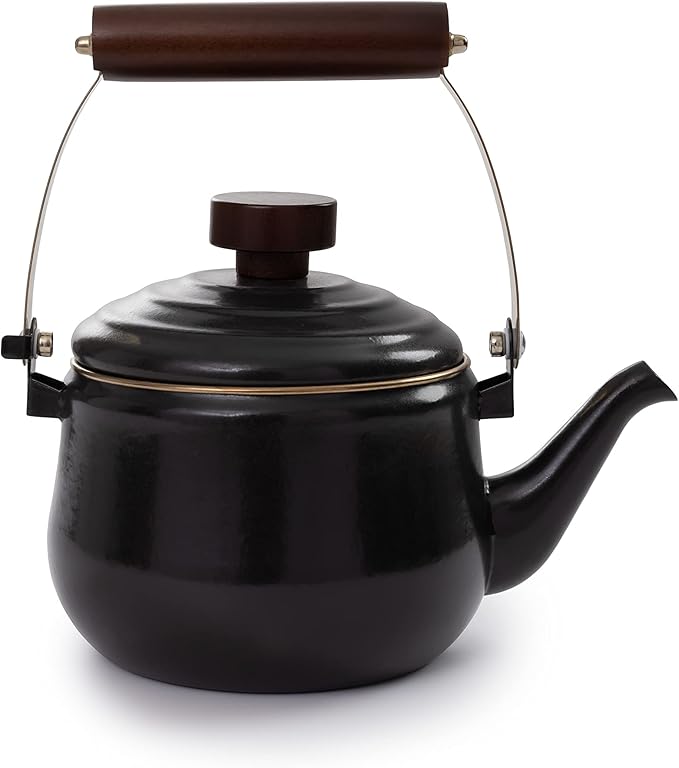 Barebones Enamel Teapot - Vintage Inspired Design - Baked Stainless Steel Rim - FSC Certified Natural Walnut Handle Tea Kettle - 1.5 Liters, 6 Cups (Slate Gray)