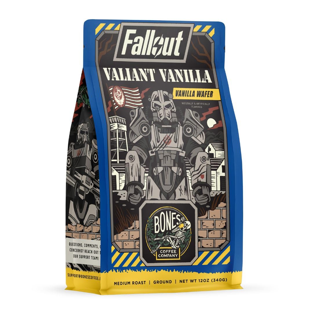 Bones Coffee Company Fallout Valiant Vanilla, Vanilla Wafer Flavored Coffee, Medium Roast Low Acid Arabica Beans Compatible with Auto drip and French Press Coffee Maker, 12 Oz Whole Bean