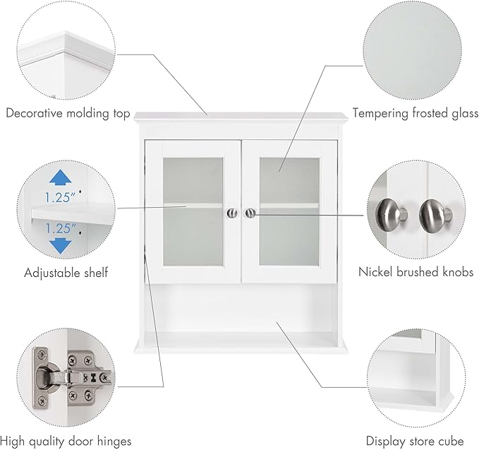 Spirich Bathroom Cabinet Wall Mounted, Medicine Cabinet Organizer with Glass Doors and Adjustable Shelves, Bathroom Wall Cabinet Over Toilet, White