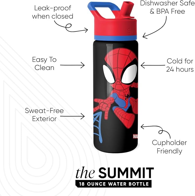 Simple Modern Kids Summit Water Bottle with Straw Lid | Marvel Spider Man 18oz Stainless Steel Cup Insulated Tumbler for Toddlers, Boys, School | Spidey Kid