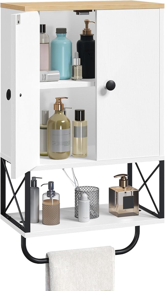 Bathroom Wall Cabinet with 2 Door and Adjustable Shelf, Medicine Cabinet with Towel Rack, 3-Tier Wall Mounted Storage Cabinet Over The Toilet for Bathroom Laundry Room, White and Natural