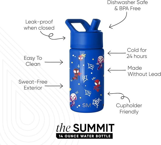 Simple Modern Kids Summit Water Bottle with Straw Lid | Marvel Spider-man 14oz Stainless Steel Cup Insulated Tumbler for Boys, School | Spidey & Friends