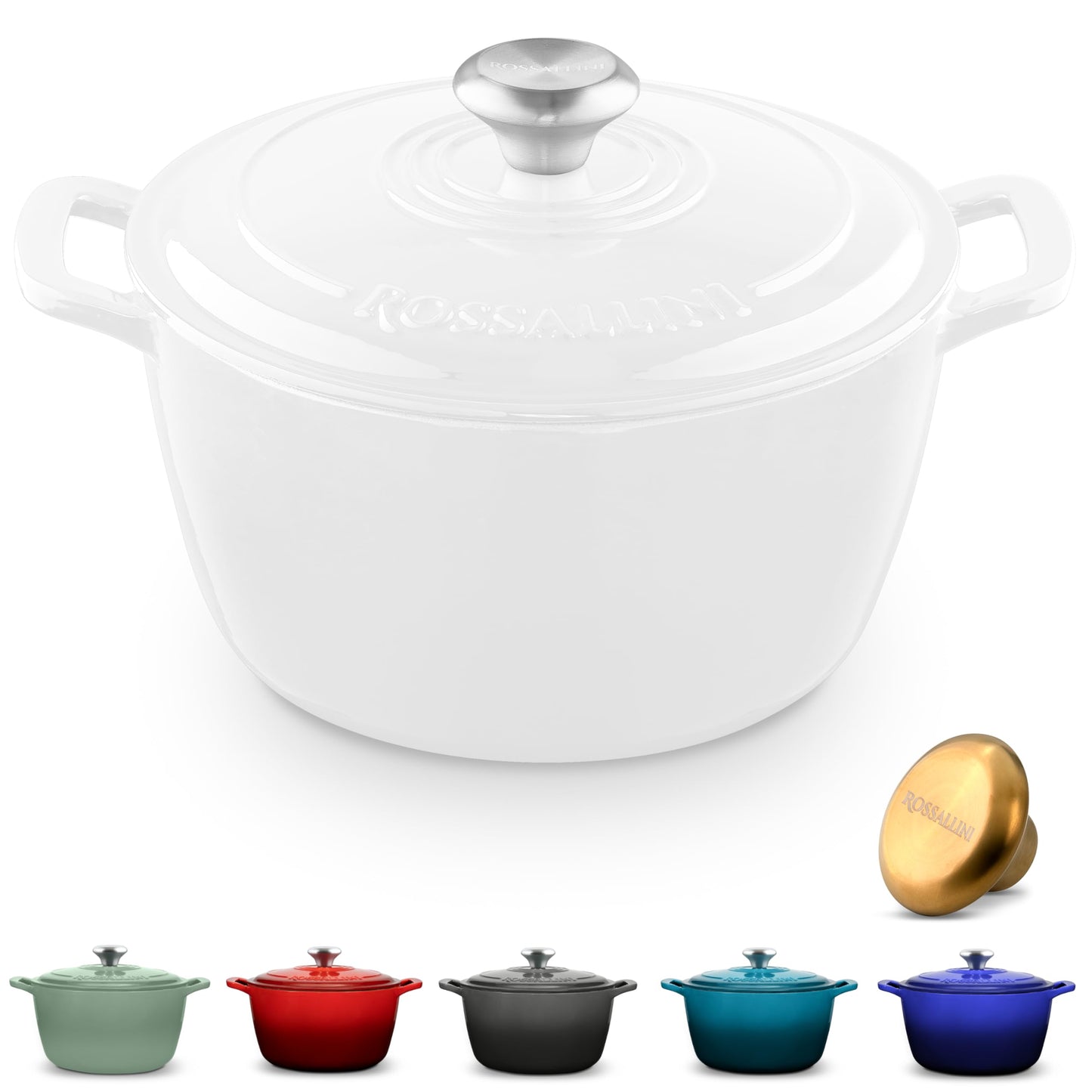 ROSSALLINI Signature Enameled Cast Iron Dutch Oven, Non-Stick Serving Pot with Tight Fitting Lid for Perfect Roasting, Baking, Sauteing, and Bread Making | 7.4Q (7L) - Indigo Blue