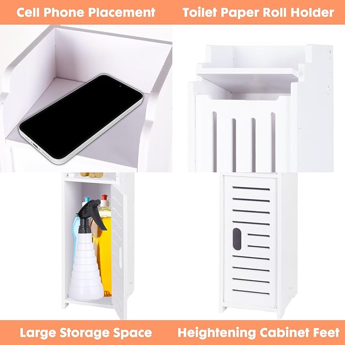 ShellKingdom Toilet Paper Holder Stand, Bathroom Storage Cabinet with Doors and Shelves, Slim Storage Cabinet for Bathroom Small Spaces Corner Shelf Organizer - White