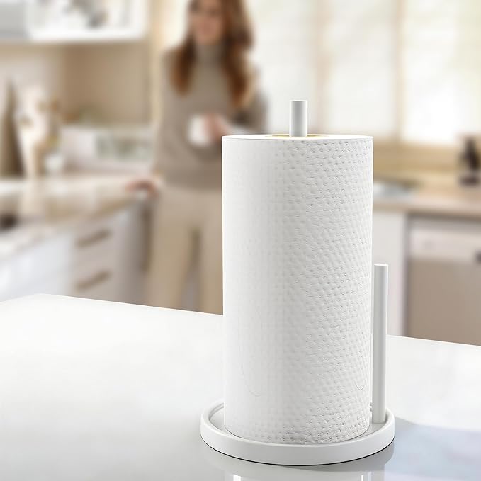 Paper Towel Holder Countertop, White Kitchen Paper Towels Holder, Paper Roll Holder with Weighted Base