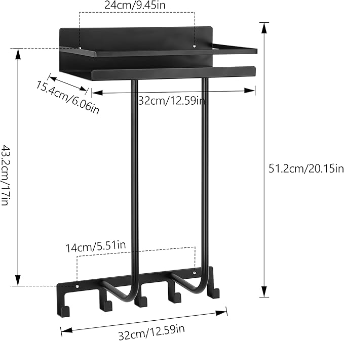 Towel Racks for Bathroom, Towel Rack Wall Mounted with Metal Shelf and 5 Hooks for Small Bathroom, Towel Holder for Bathroom, Bath Towel Storage for Rolled Towels Organizer, Black