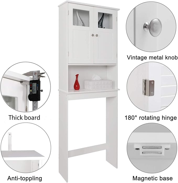 VINGLI Over The Toilet Storage Cabinet White Bathroom Storage Organizer Above The Toilet Shelf with Acrylic Glass Double Doors Wood Muebles para BañO Rack with Adjustable Shelf