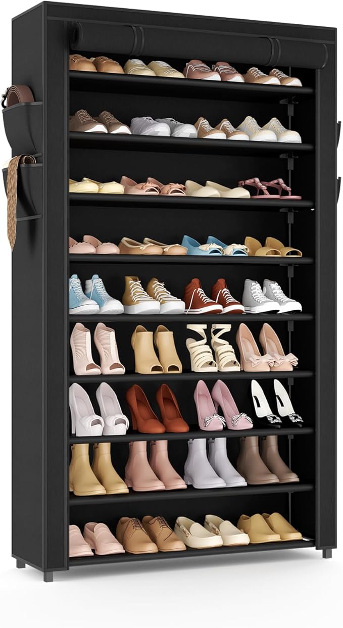 Shoe Rack with Cover Narrow Shoe Organizer with Pockets 10 Tier Tall Shoe Storage Holds 36-41 Pairs Shoes and Boots Shoe Rack for Closet Entryway Garage, Black