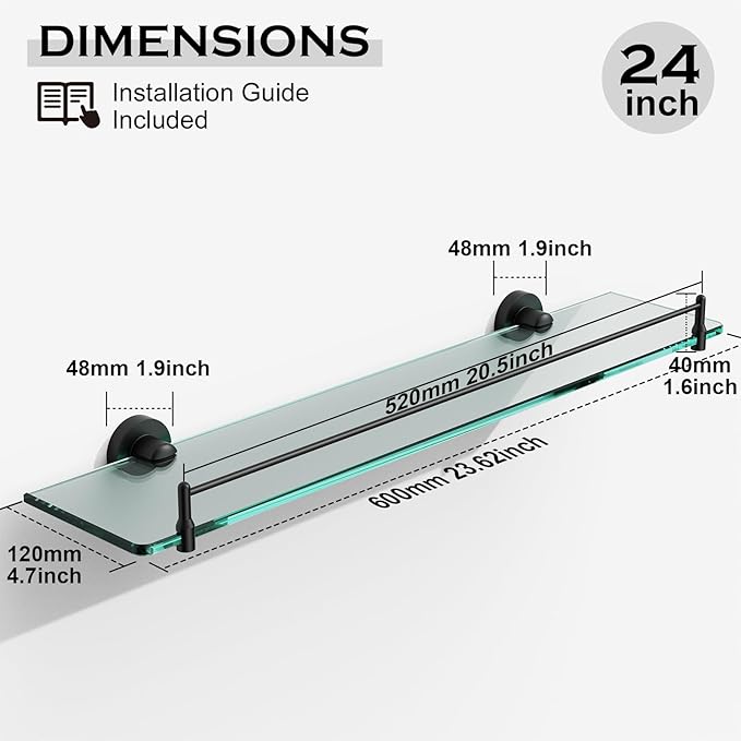 24 Inch Glass Bathroom Shelves,Matte Black Floating Shelves for Wall Rectangular Modern Stainless Steel Glass Shelf for Bathroom Shelves Wall Mounted
