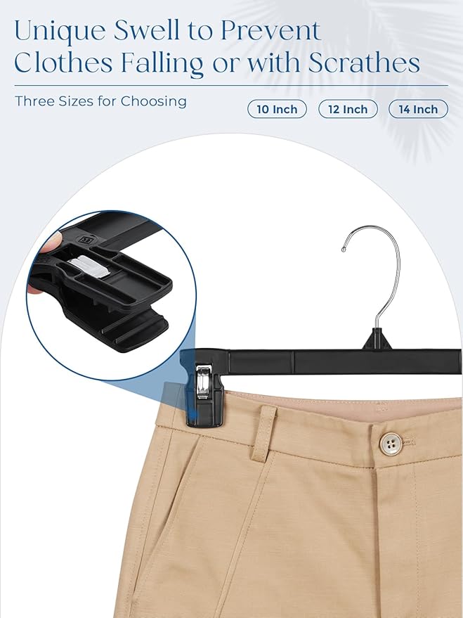 Smartor Space Saving Skirt Hangers - 150 Pack, Slim Plastic Pants and Shorts Hangers, Ridged Non-Slip with Pinch Clips, Black Clip Hanger for Women, 360-Rotating Chrome Swivel Hook, 14 Inches