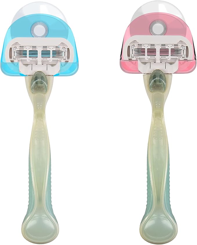 kwmobile 2x Razor Holder with Suction Cup - Self-Adhesive Shaver Wall Mount - Bathroom Organizer for Glass and Tiles - Red/Light Blue/Transparent
