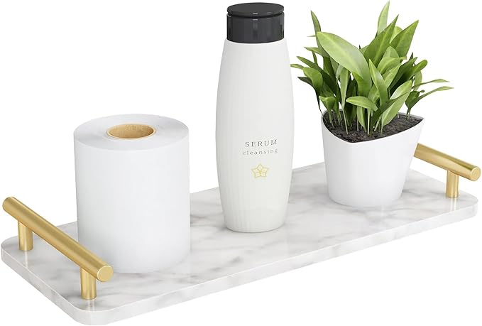 Toilet Paper Basket, Stainless Steel Tank Tray with Handle for Organizing - Toilet Paper Basket Storage for Tank, Bathroom, Kitchen Counter (Marble+Gold)