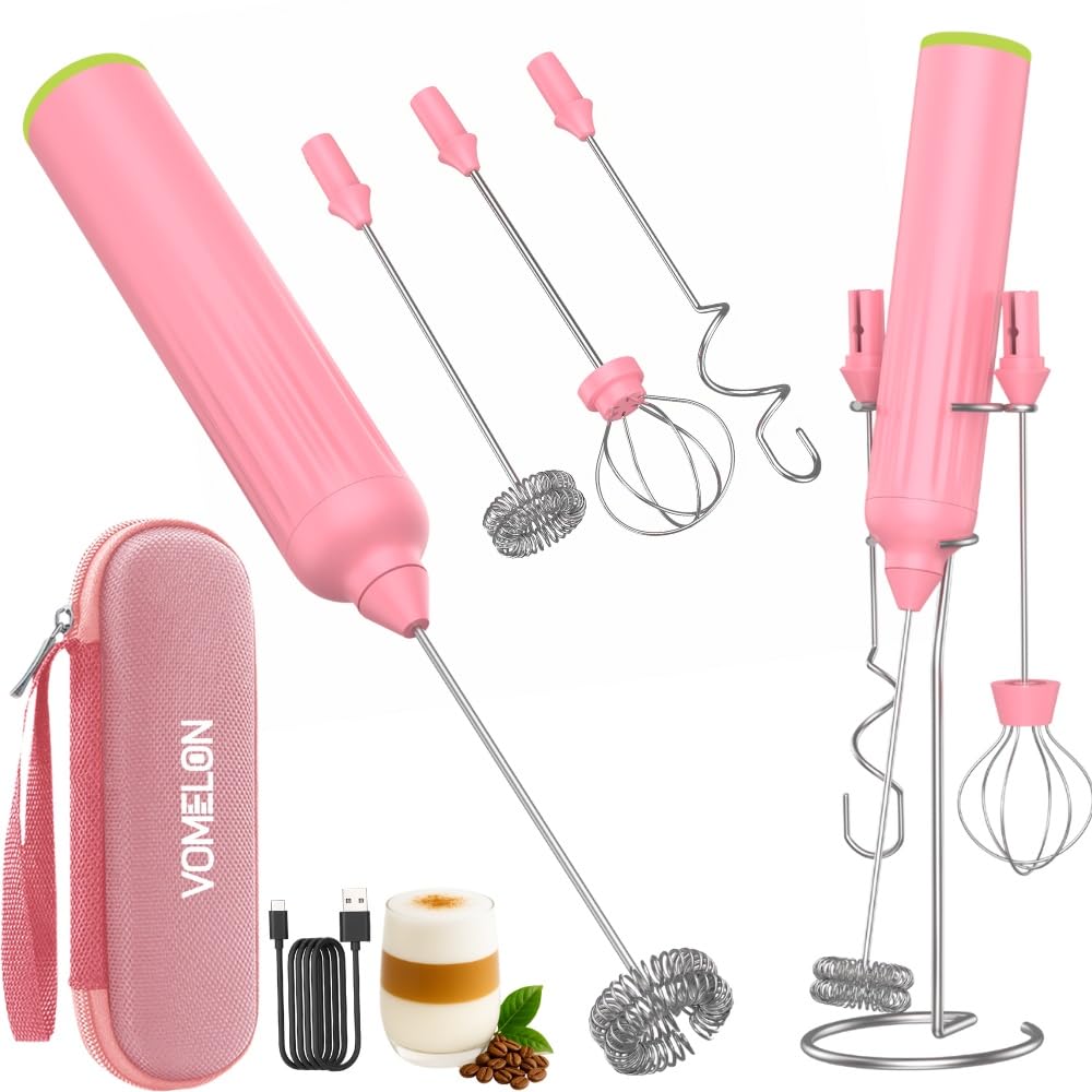 Milk Frother Handheld with 3 Stainless Steel Whisks, Rechargeable Electric Drink Mixer with Stand & Travel Case, Milk Foamer for Coffee, Latte, Cappuccino, Hot Chocolate, Egg,Jam Supplement-Pink