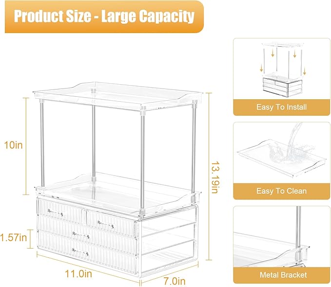 Acina 2-Tier Bathroom Organizer Countertop: Multi-Purpose Makeup Organizer - Large Skincare Exquisite Vanity Organizer for Cosmetics, Perfume Amber Clear