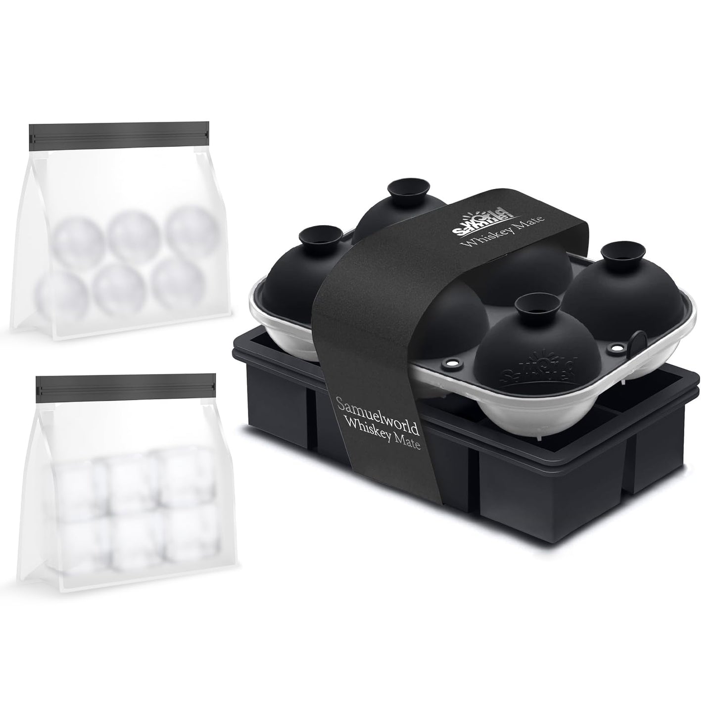Samuelworld Premium Ice Tray Combo, Large Ice Sphere Maker & Giant Ice Cube Trays, 2 Packs, Food Grade, Easy To Use, Spill-Free Integrated Funnels, Whiskey Bourbon Cocktails (Black)