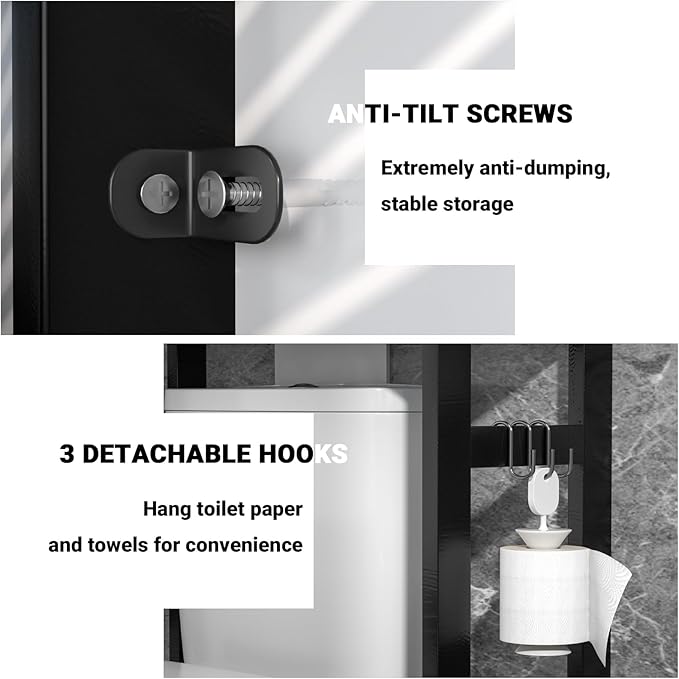 Homykic Bamboo Over The Toilet Storage Shelf, 3-Tier Above Toilet Storage Organizer Rack with 3 Hooks, Freestanding Bathroom Tower Shelf Unit for Small Space, No Rust, Easy to Assemble, Black
