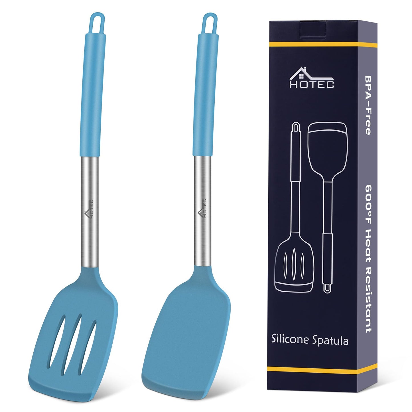 HOTEC Silicone Spatula Set of 2 Heat-Resistant 600°F & BPA-Free Kitchen SaptulaTurner with Stainless Steel Handles, Slotted & Solid Spatulas for Nonstick Cookware, 13.7 Inch, Khaki