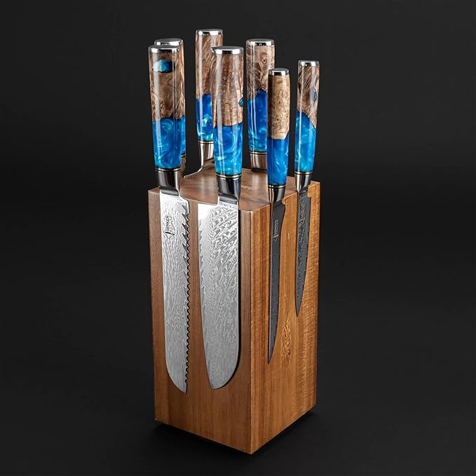 SENKEN Rotating Magnetic Knife Block without Knives, Natural Acacia Hardwood - 360 Degrees Rotation - Ultra Strong Neodymium Magnets, Universal Knife Holder & Storage (Block with Steak Knife Slots)