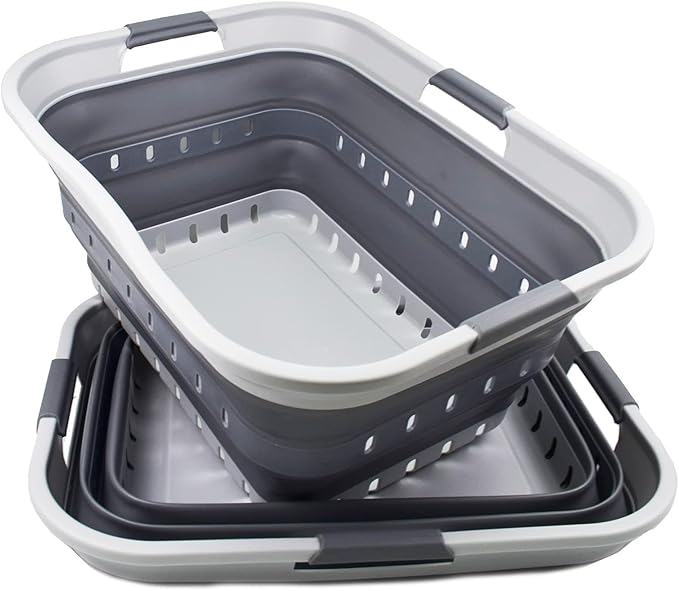 SAMMART 42L (11 gallon) Collapsible Plastic Laundry Basket - Foldable Pop Up Storage Container/Organizer - Portable Basket - Space Saving Hamper (Grey/Dark Grey (Set of 2))