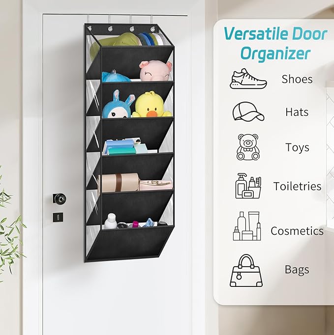 AOODA Clear Over The Door Shoe Organizer Storage Holds 12 Pairs, Narrow Door Hanging Shoe Rack for Closet, Deep Pockets Shoe Holder Hanger for Sneakers, Boots (Black)