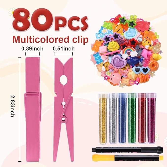 JOICEE 80PCS Cheer Pins Spirit Clips,80 Colored Wooden Clothes Pins 126 Mini Resin Animals Bows Daisy and Stickers Pen 300 Beads Pearls for Backpacks Ribbon Team Classroom Cheer Gifts Bulk