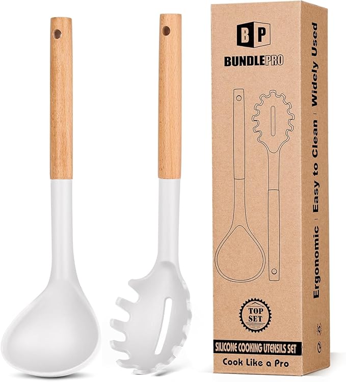 Silicone Pasta Fork and Ladle Spoon Set with Wooden Handle, Heat Resistant Non Stick Kitchen Utensils for Cooking, Stirring, Serving Spaghetti, Soup, Sauce(RED)