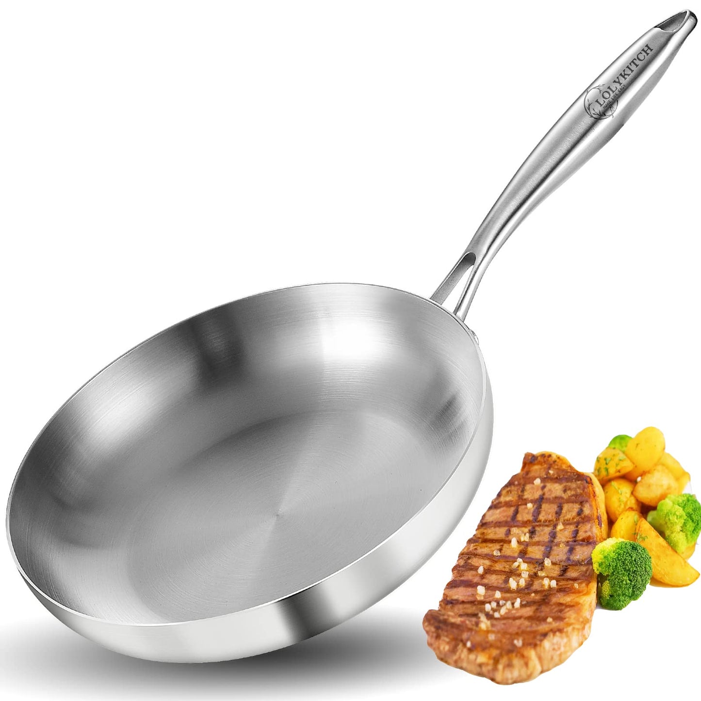 LOLYKITCH 9.5 Inch Small Stainless Steel Pan | Tri-Ply | PFOA & PTFE Free