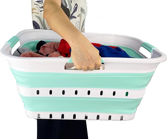 SAMMART 42L (11 gallon) Collapsible Plastic Laundry Basket - Foldable Pop Up Storage Container/Organizer - Space Saving Hamper/Basket (1, White/Light Green)