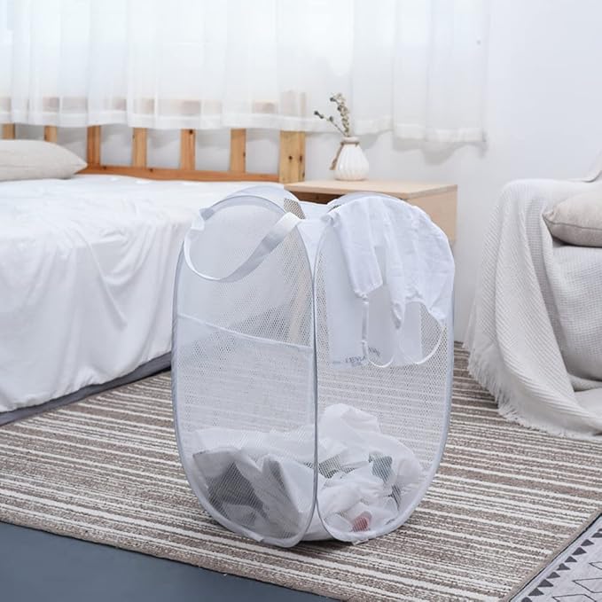 BATTOO Deluxe Strong Mesh Pop up Laundry Hamper Basket with Side Pocket Foldable Hamper for Laundry Room, Bathroom, Kids Room, College Dorm or Travel White + White